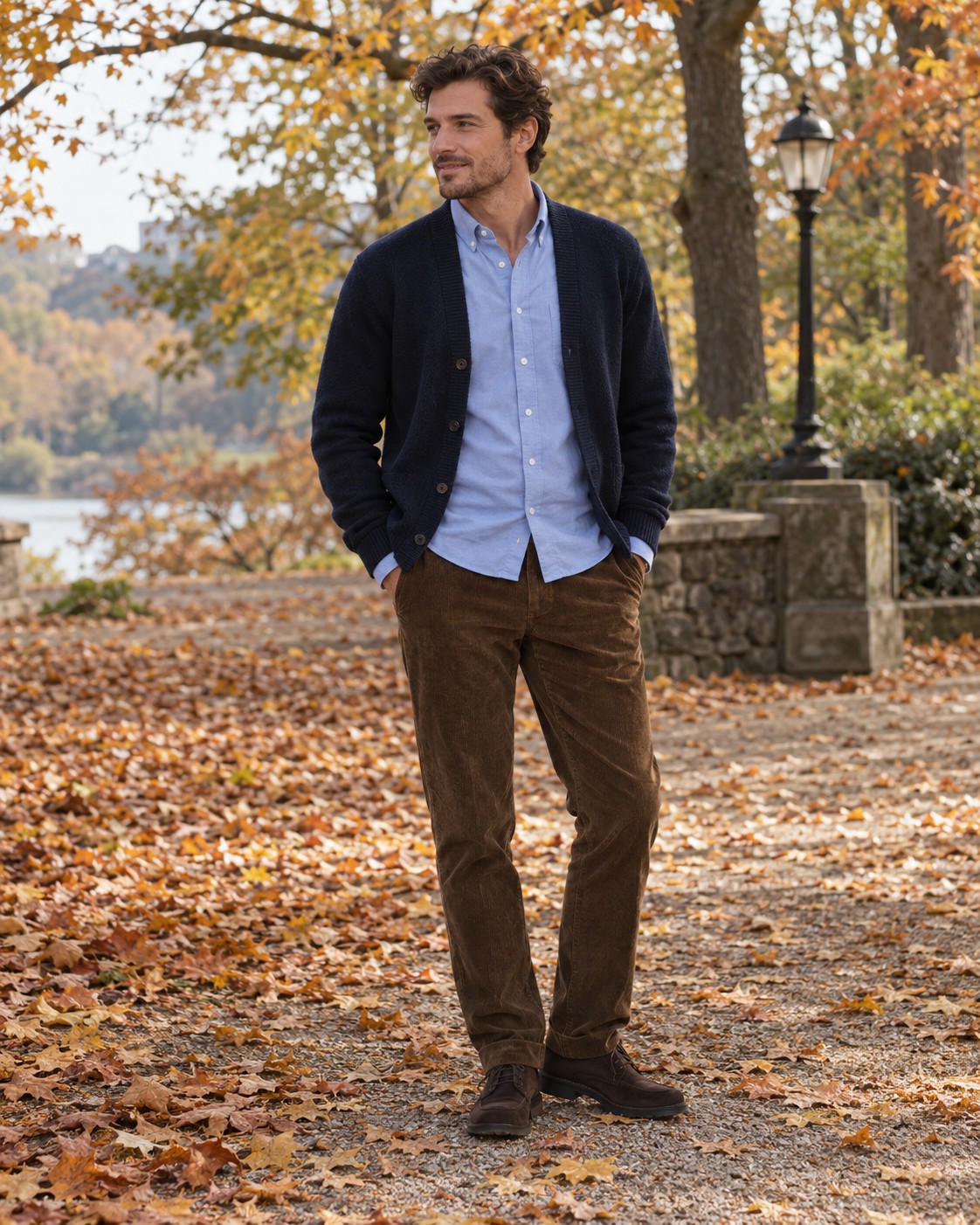 A navy cardigan and blue shirt paired with brown corduroy trousers.