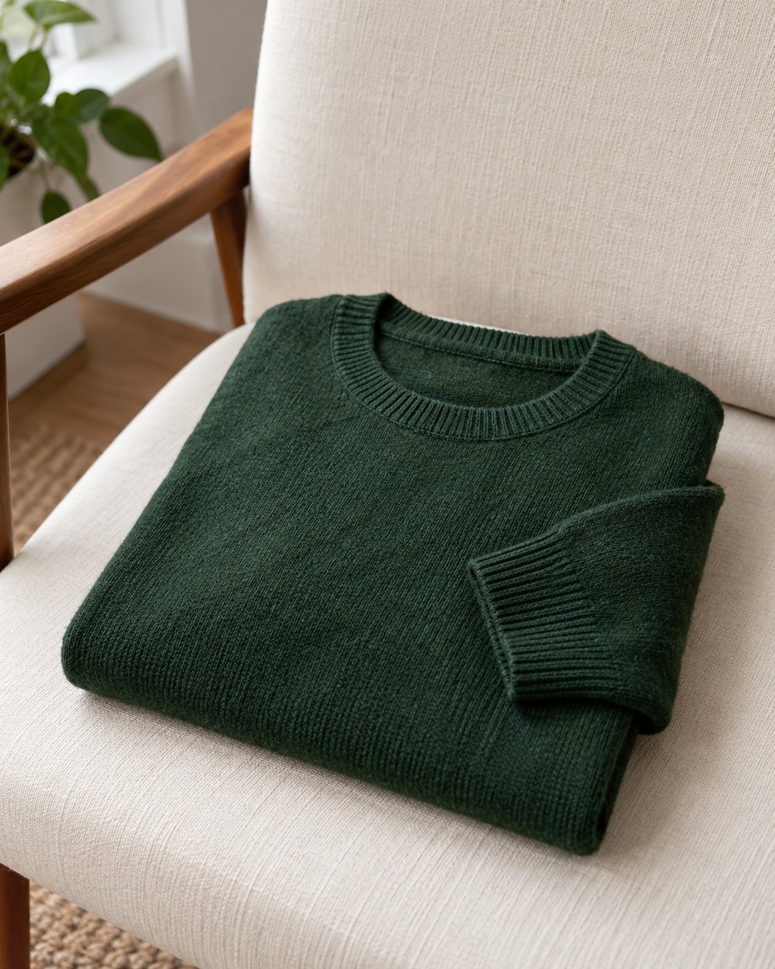 A forest-green crew-neck jumper folded on a chair.