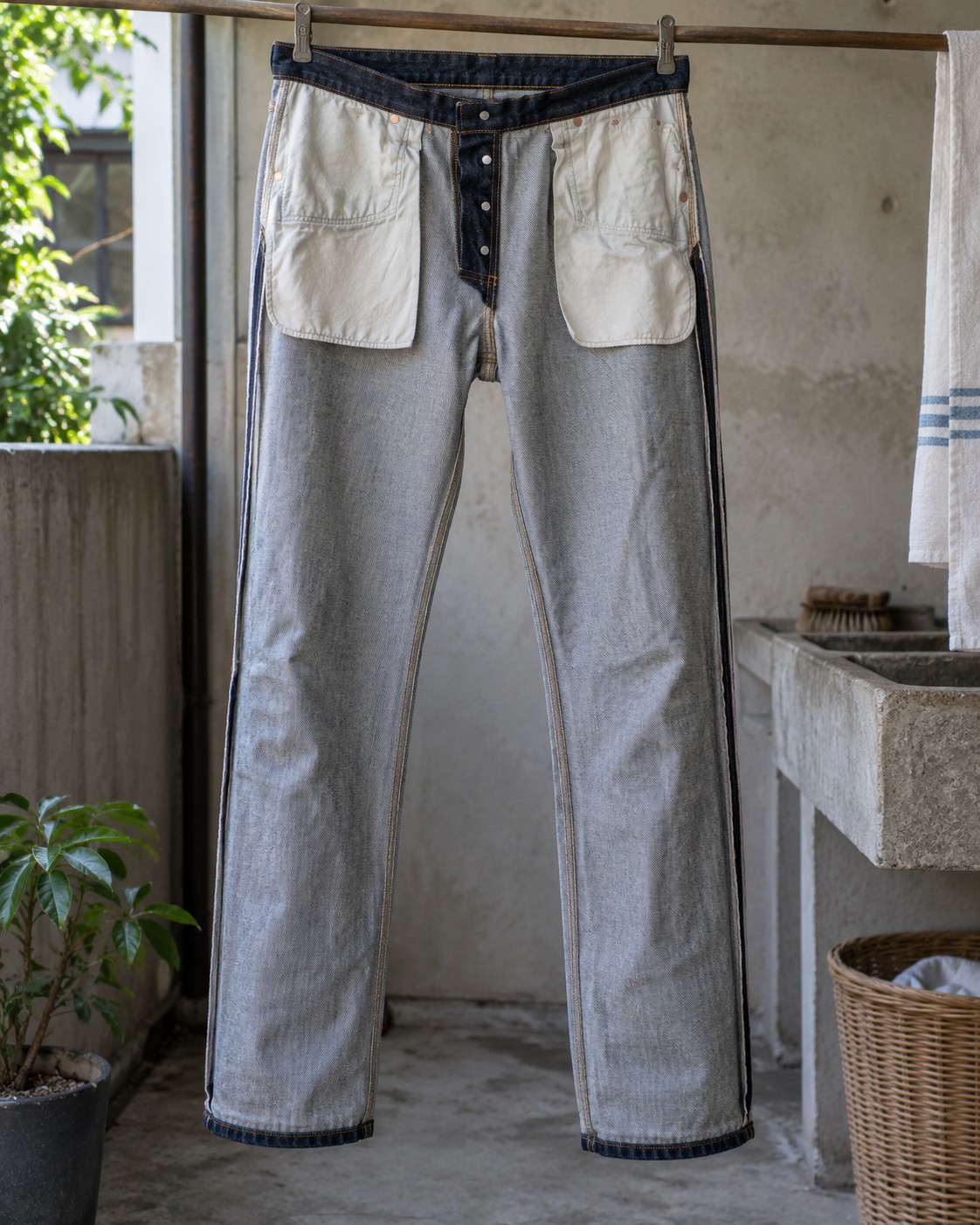 Inside-out jeans hanging to air dry in the shade.