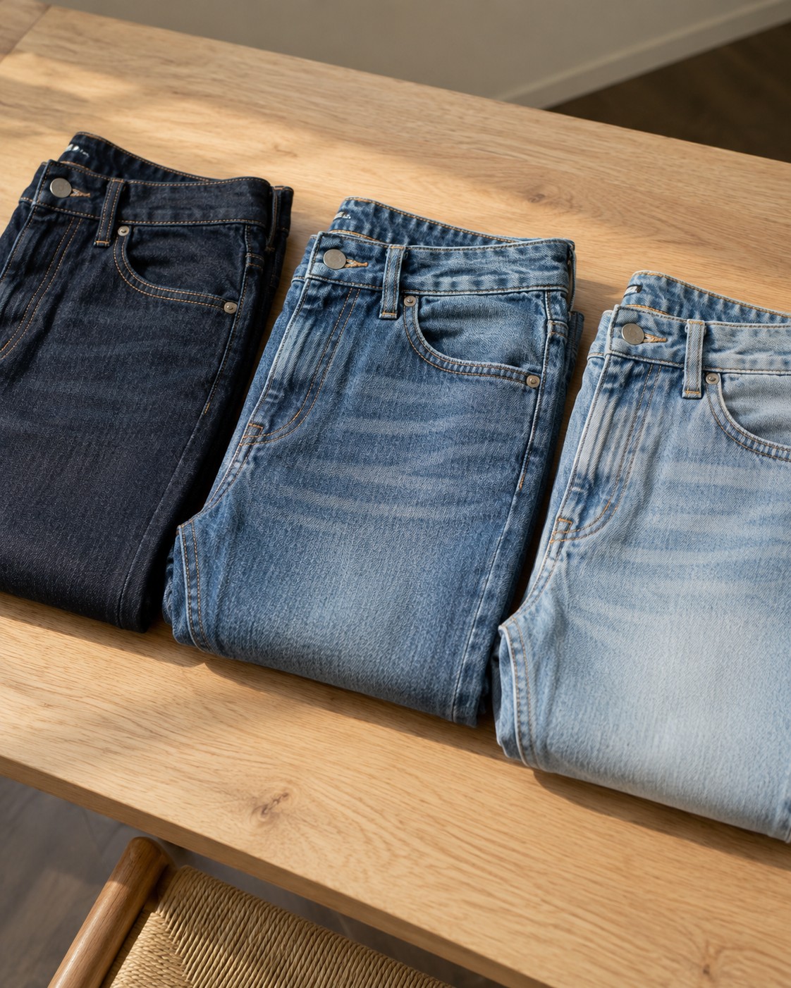 Three denim washes arranged side by side, from dark indigo to pale blue.