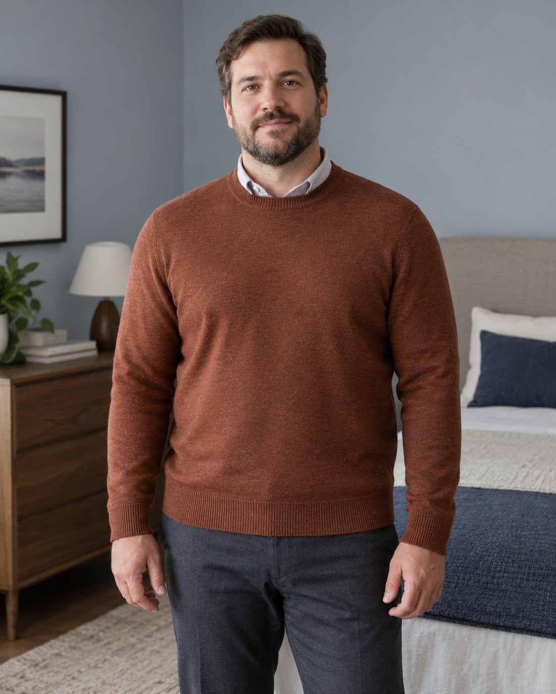 A rust crew-neck jumper worn over a shirt with room through the body.