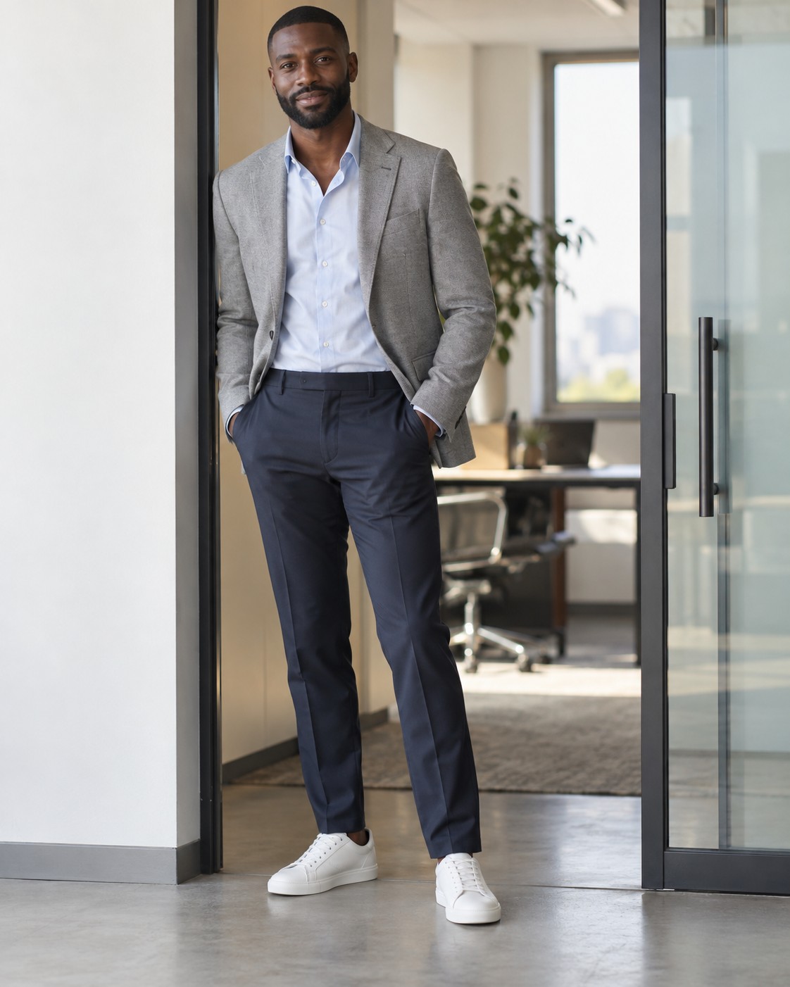 White leather trainers with navy trousers and a grey office blazer.