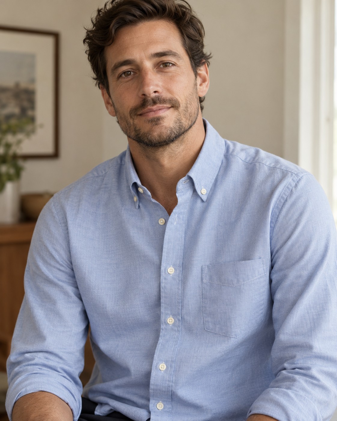 A light-blue Oxford shirt with buttoned collar points.