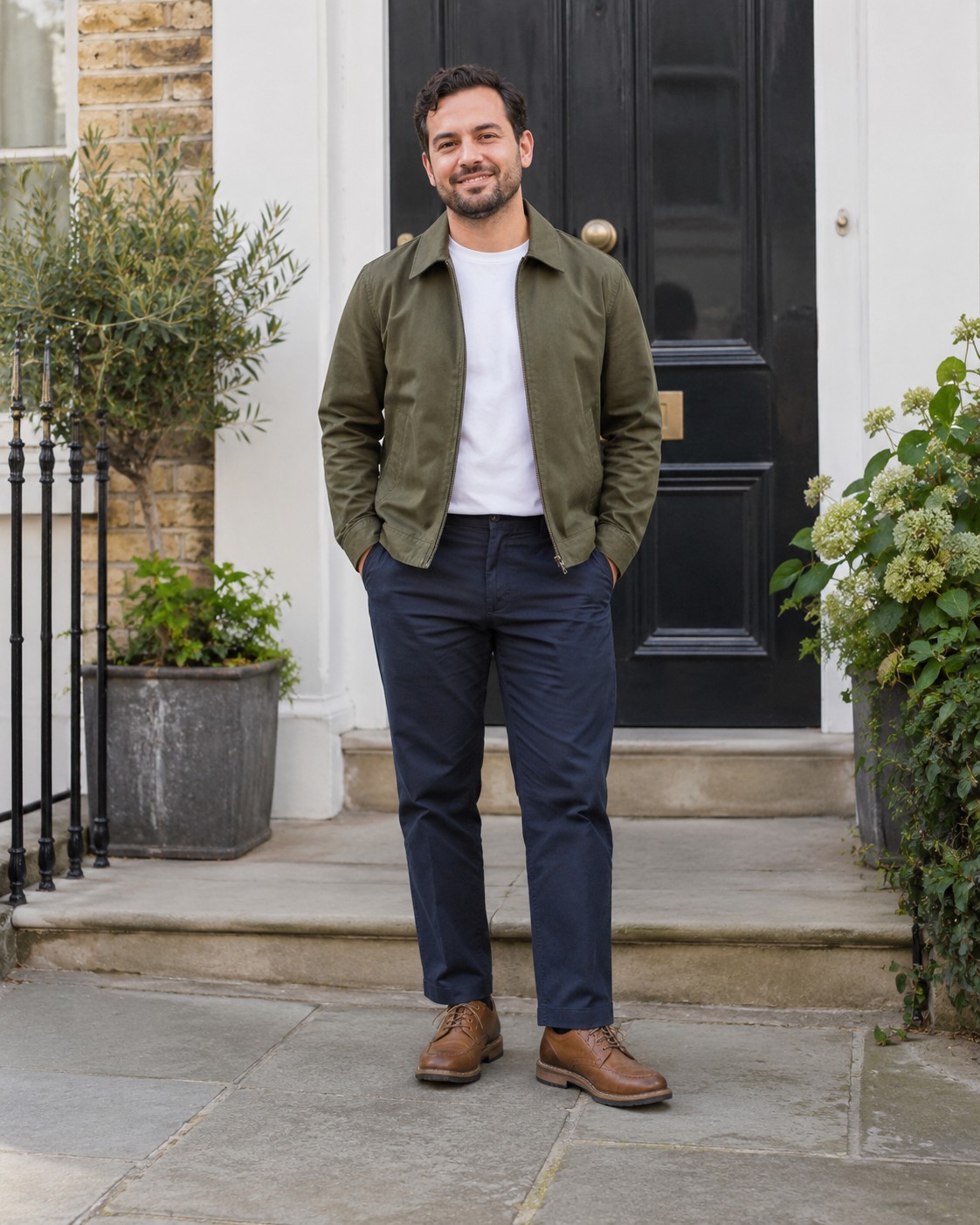 A shorter man in a cropped olive jacket and straight navy trousers.