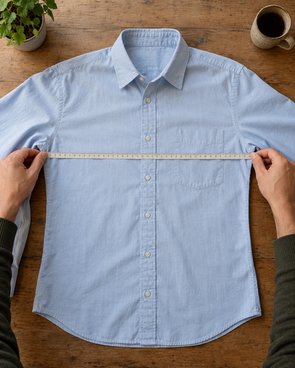 A shirt laid flat while a measuring tape spans its chest.