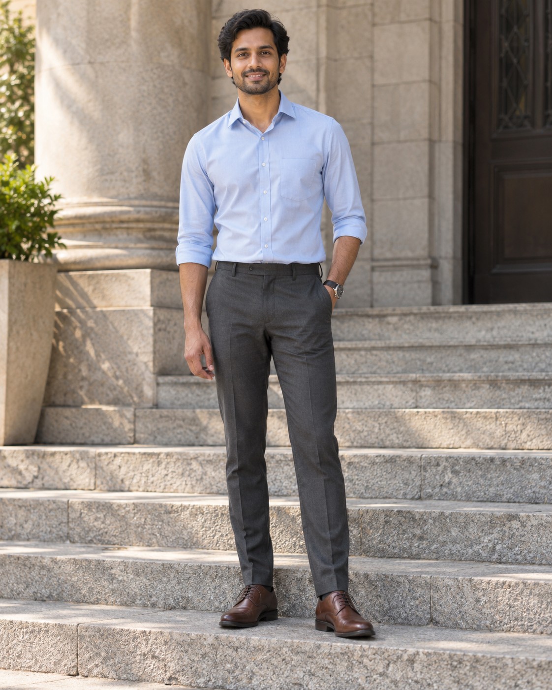 A blue shirt with slim charcoal trousers that leave room at the knees.