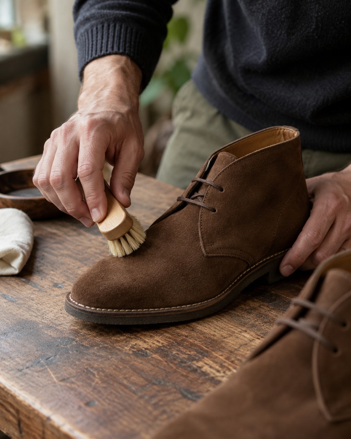 A suede brush being used on a brown desert boot.