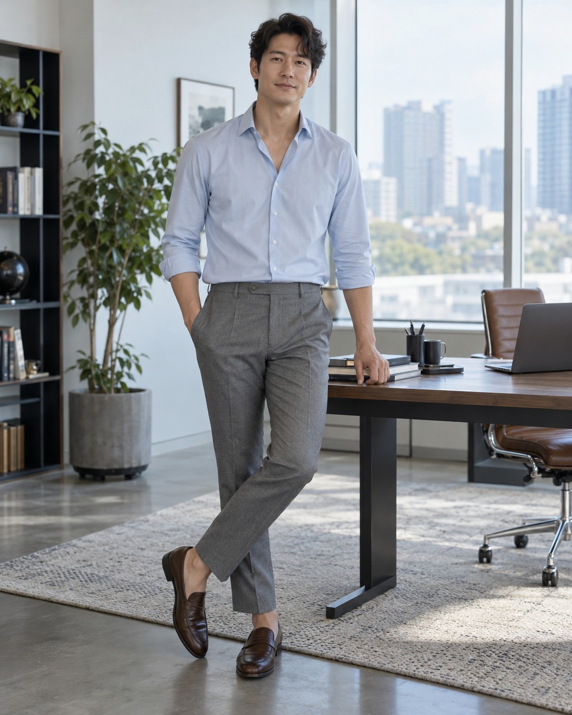 A pale blue shirt and grey trousers worn in a bright office.