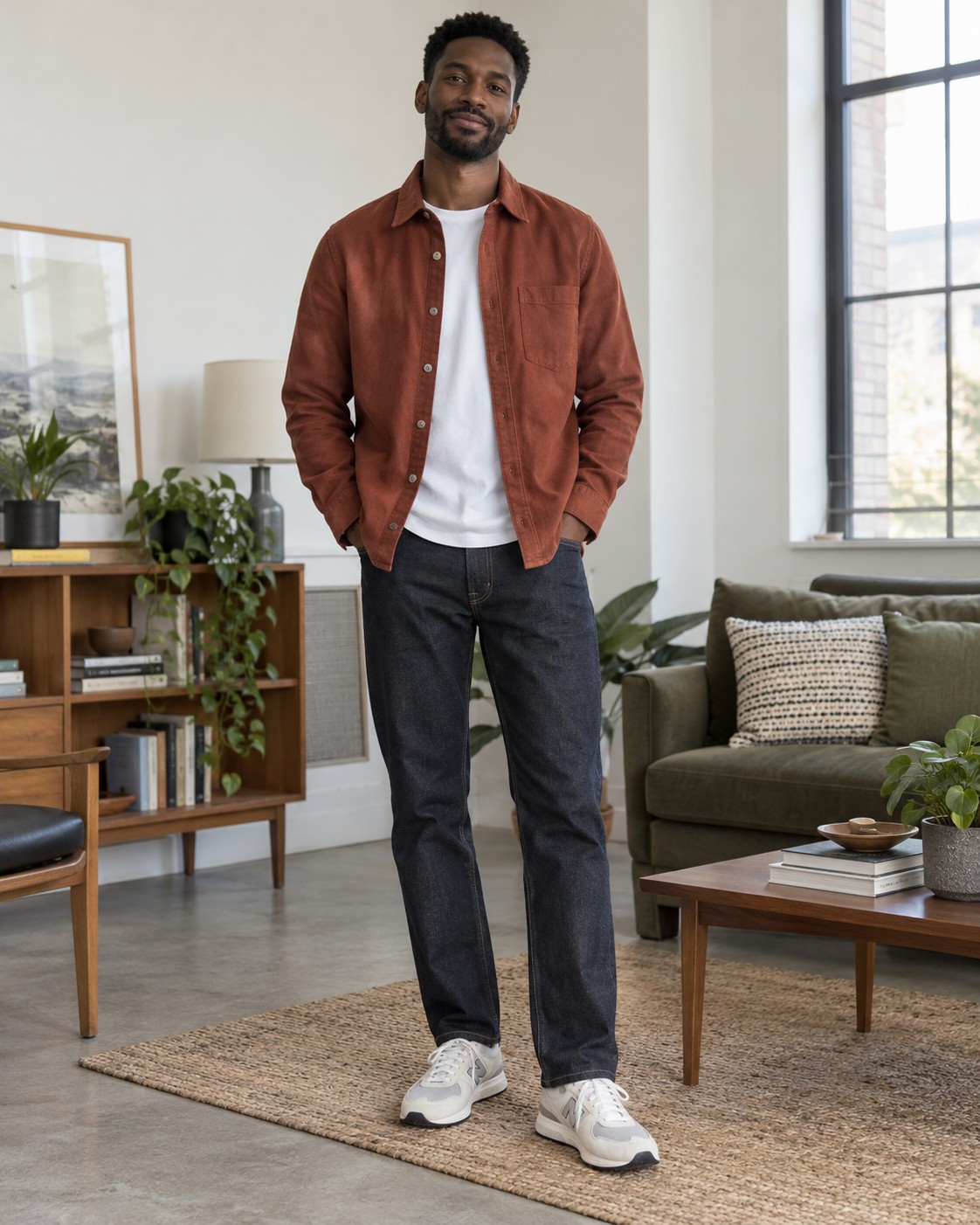 A tall man in a rust overshirt and dark straight jeans.