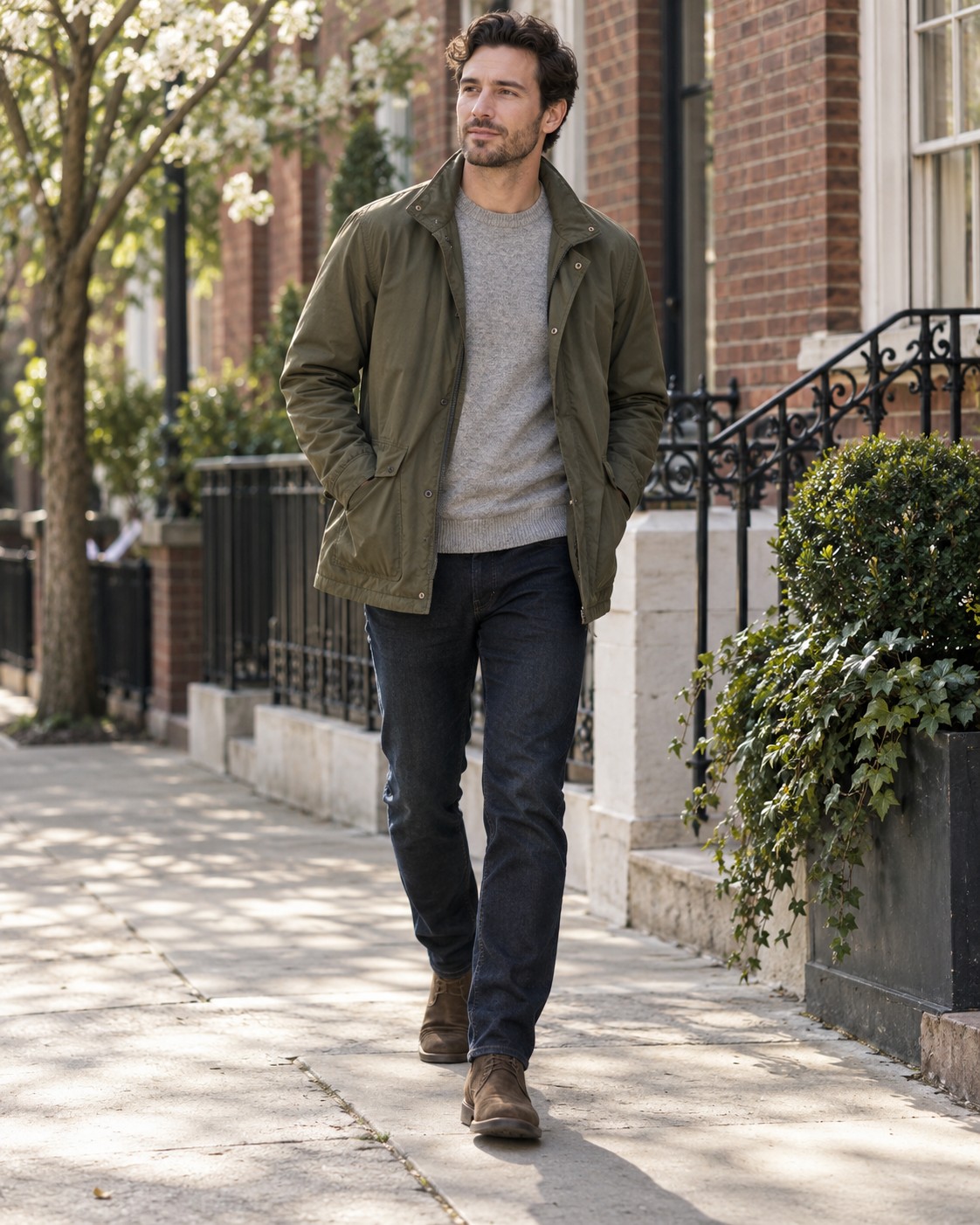 A lightweight olive jacket worn over a grey knit and dark jeans.
