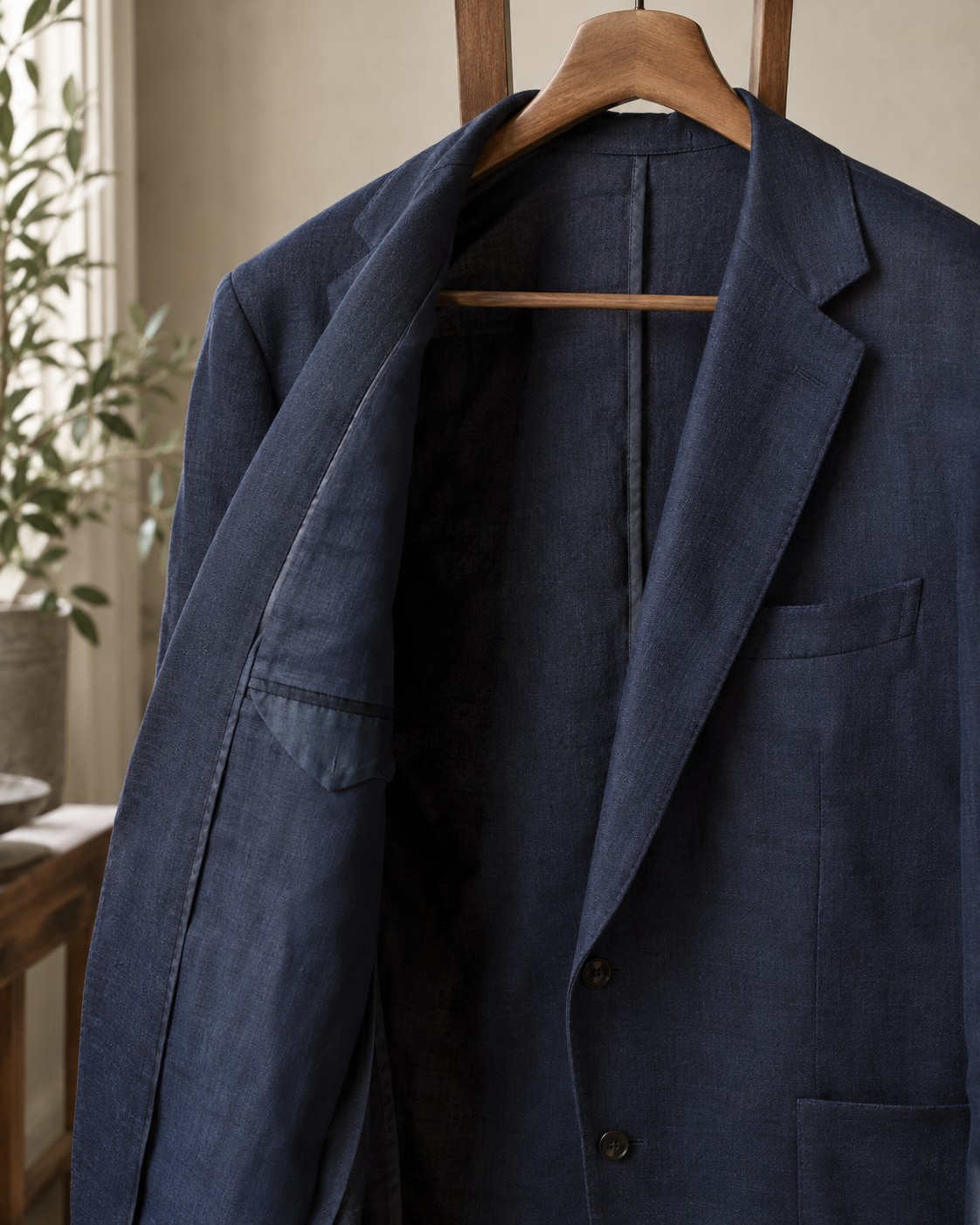 An unstructured navy blazer with its lightly lined interior and soft shoulder visible.