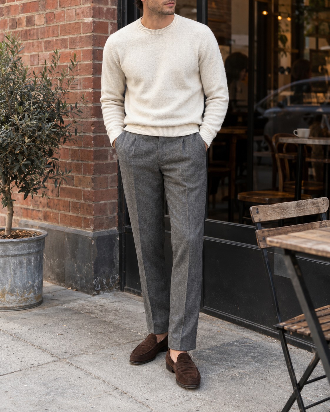 Grey wool trousers worn with a cream jumper and brown loafers.